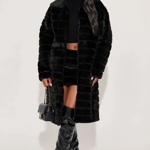 Elegant Black Faux Fur Trench Coat Large